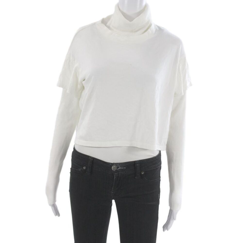 The Range Womens Cropped Turtleneck Long Sleeve Cotton Top White Size S